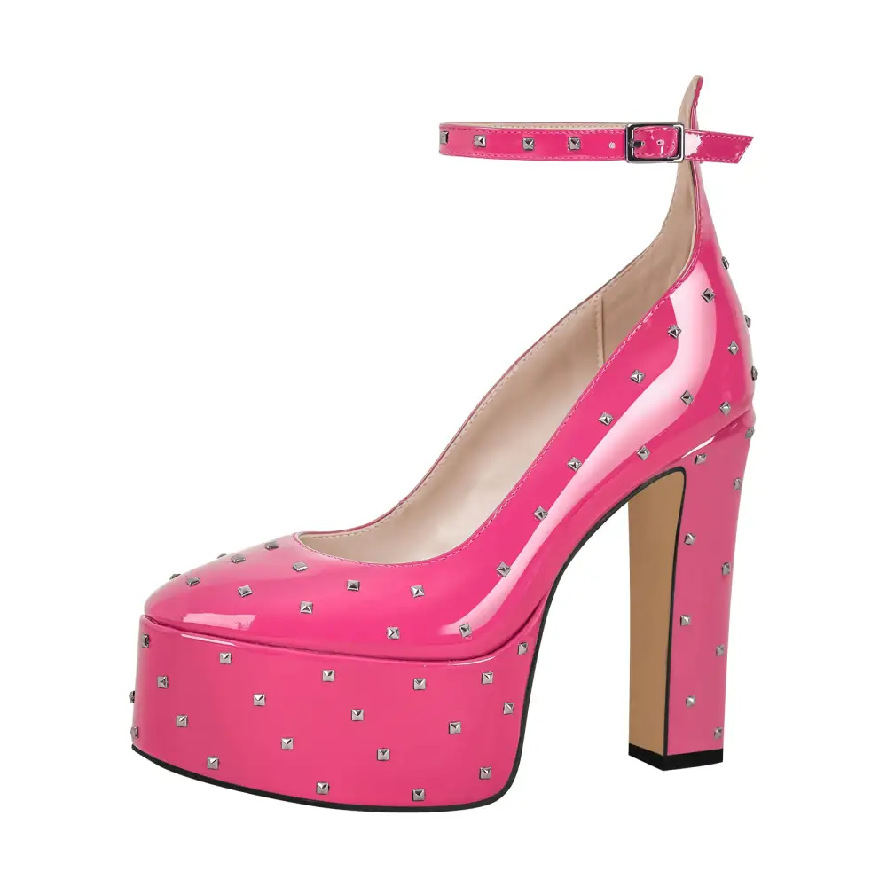 Rivet Round Toe Platform Chunky Heel Ankle Strap Pumps