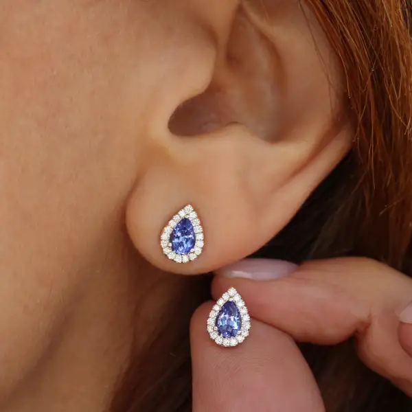 Pear Tanzanite Diamond Halo Stud Earrings