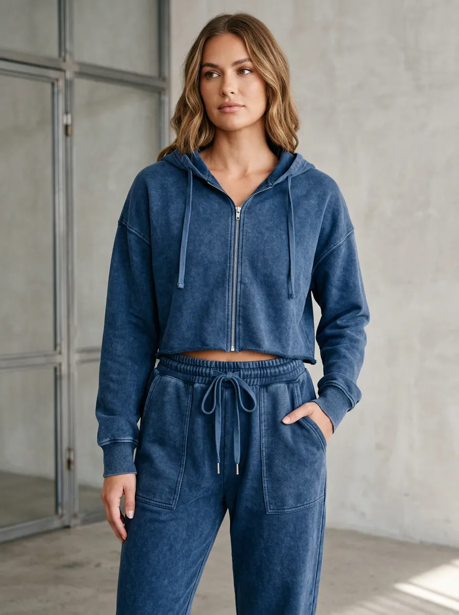 Cropped Mineral-Wash Jogger Sporty Women's Cropped Zip-Up Hoodie Jogger Active Set