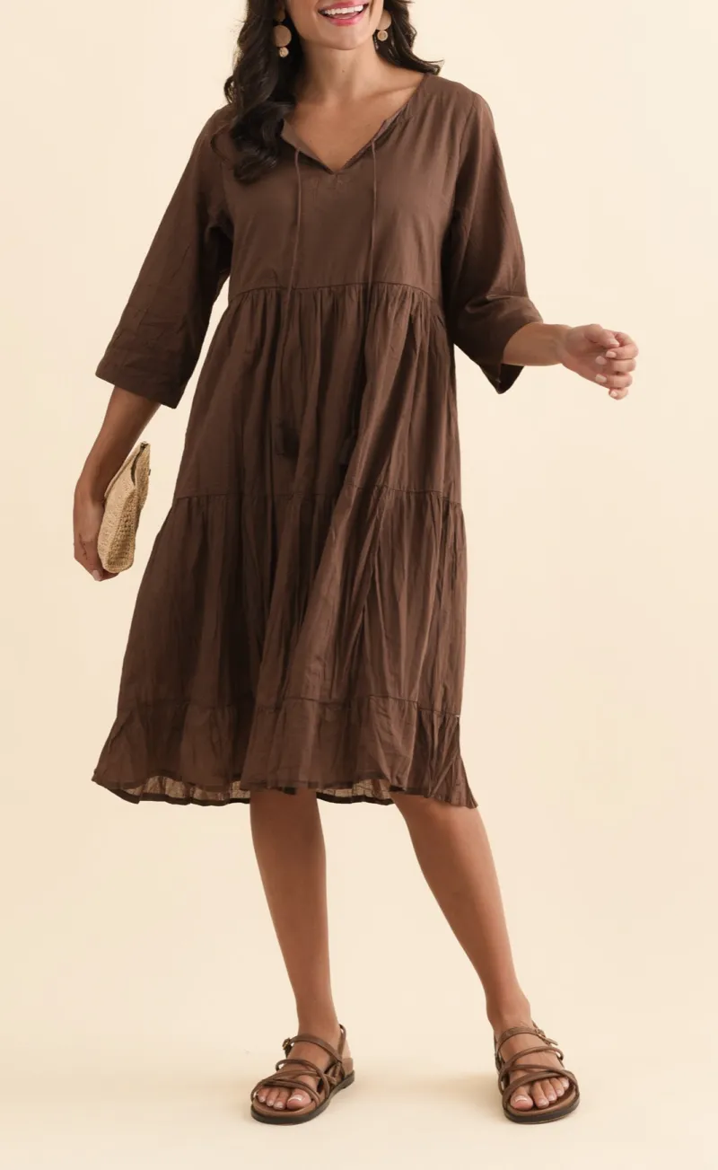 Relaxed Tiered Knee-Length Three-Quarter-Sleeve Cotton A-Line Round-Neck Dress
