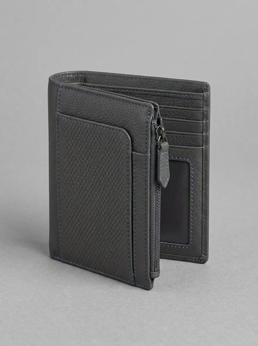 Men's Minimalist Grey Leather Zippered Bifold Wallet
