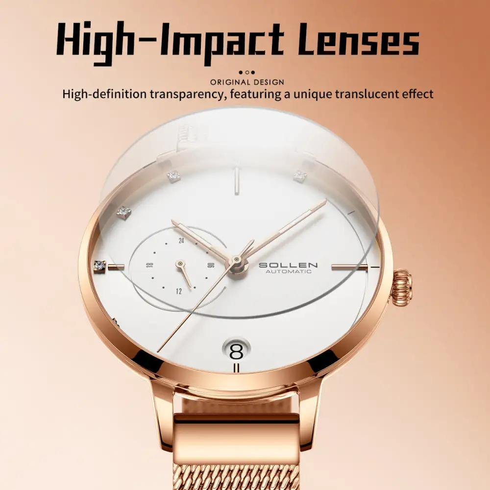Sollen SL416 Women's Automatic Mechanical Watch - 36mm Stainless Steel Case Slim 9.9mm 24-Hour Subdial Date Mesh Bracelet Wristwatch