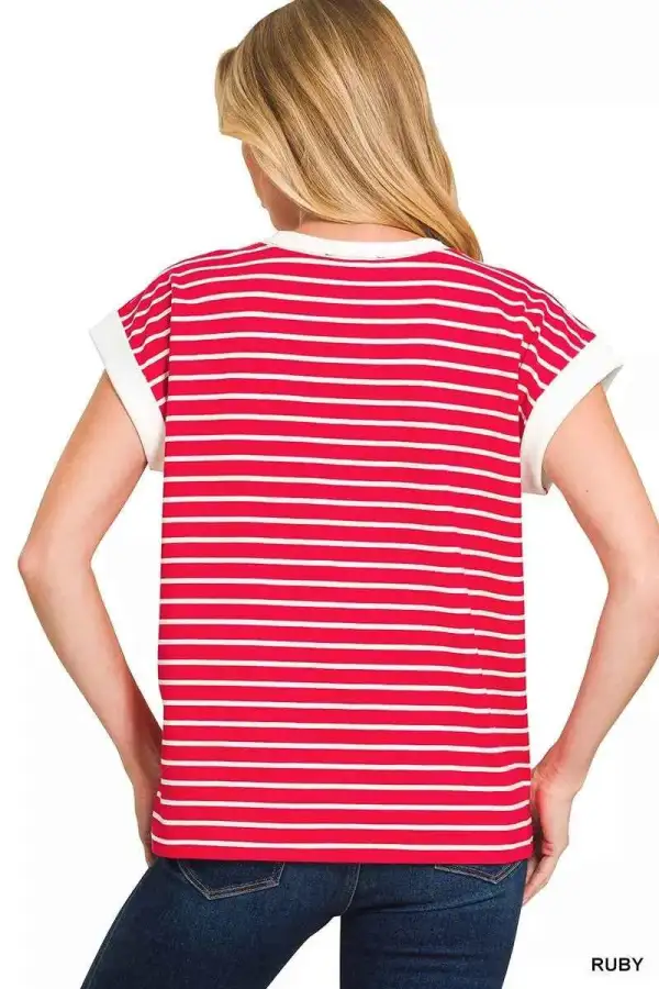 Contrast Trim Cap Sleeve Stripe Tee