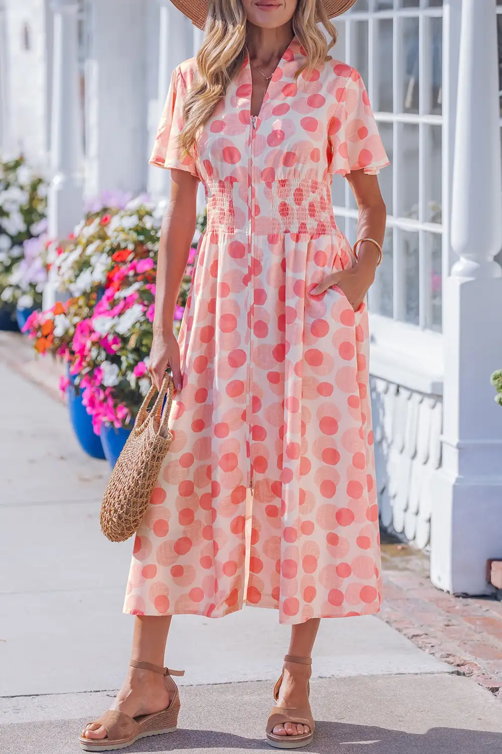 Polka Dot Printed Zip Front Dress Casual