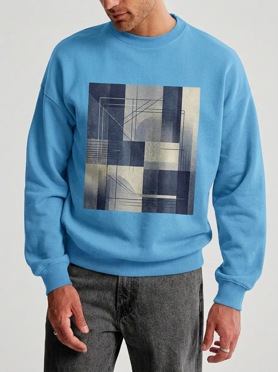 Abstract Geometric Art Graphic Crewneck Sweatshirt With Tonal Detail