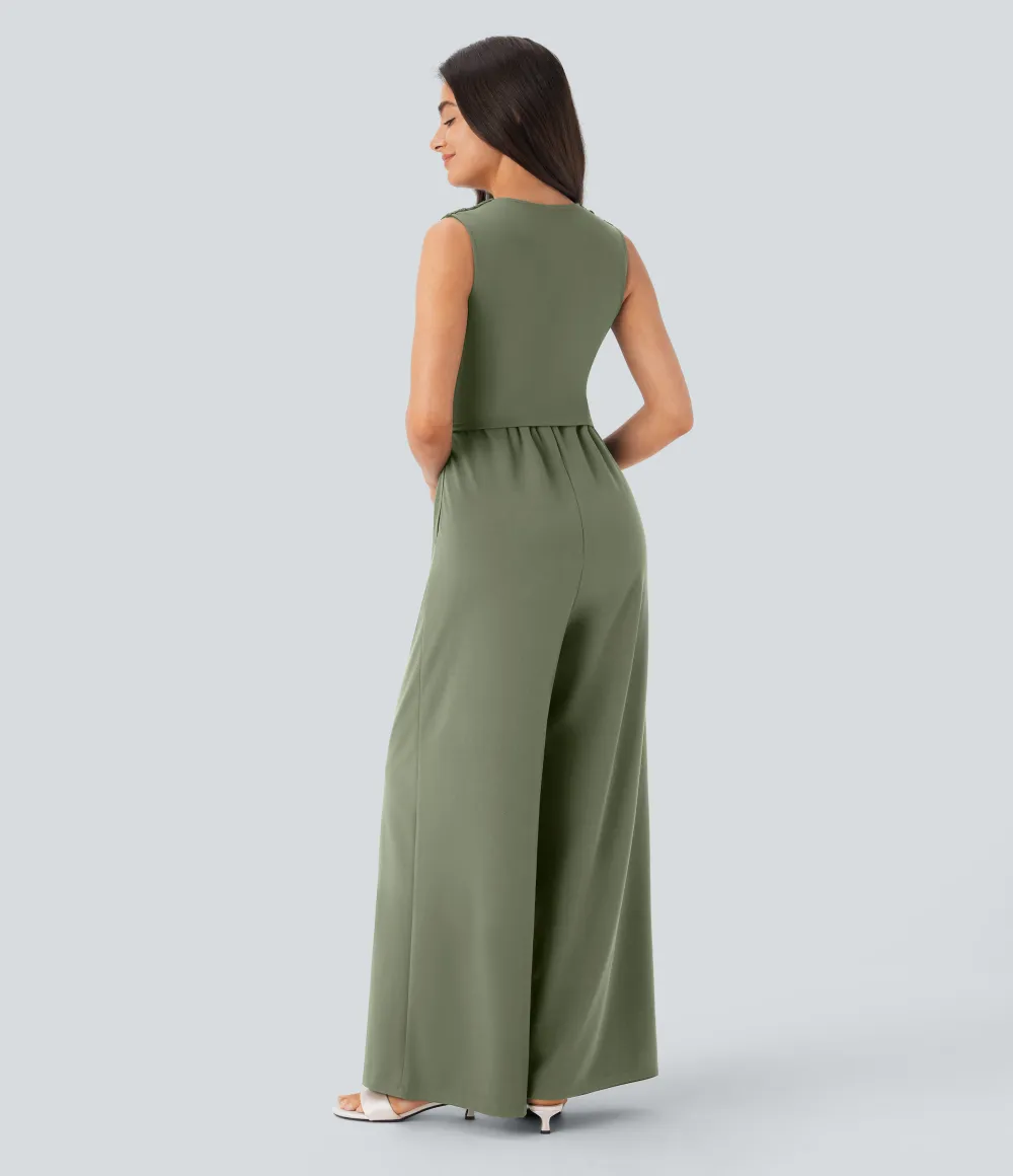 SculptKnit V Neck Sleeveless Ruched Pocket Jumpsuit-Easy Peezy