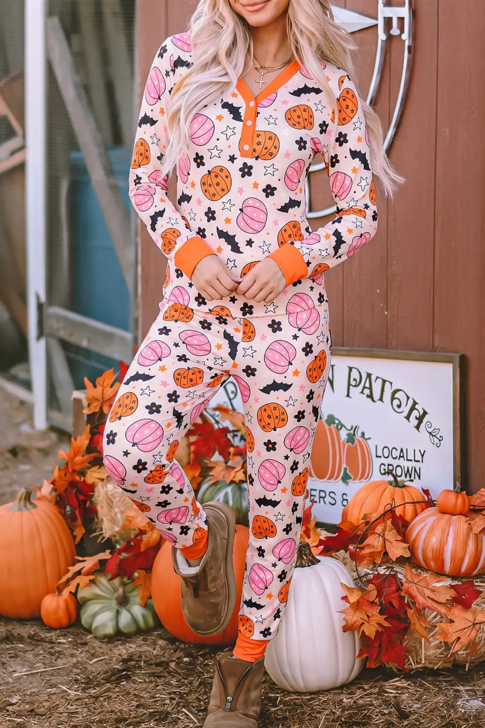 Women's Halloween Pumpkin Print Long Sleeve Home Wear Lounge Set