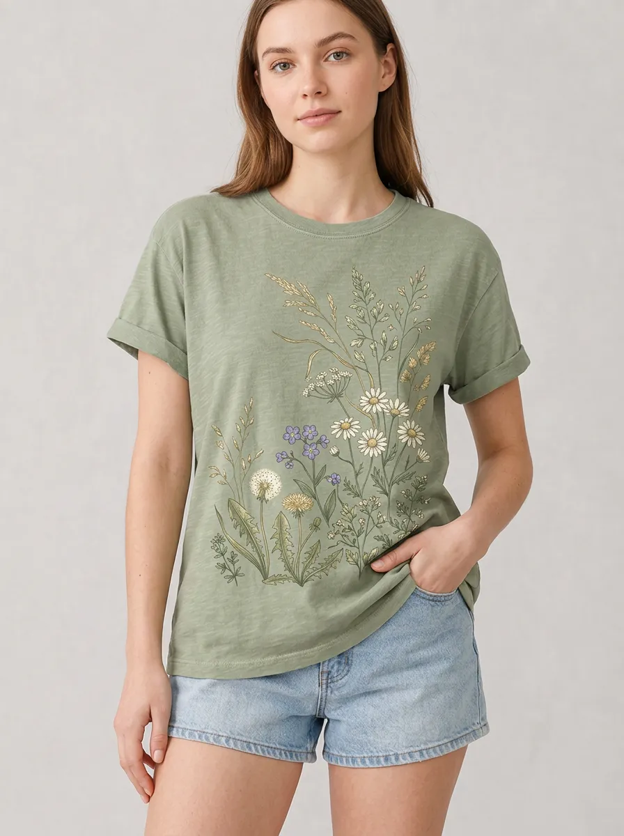 Women's Botanical Graphic T-Shirt Rolled-Cuff