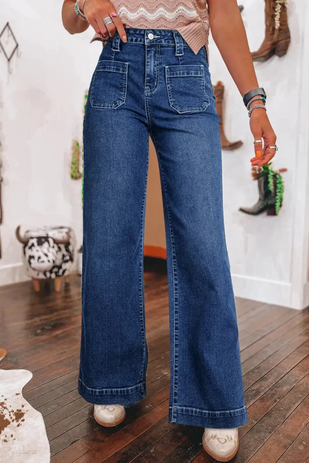 High Waist Relaxed Fit Wide Leg Pocketed Casual Jeans