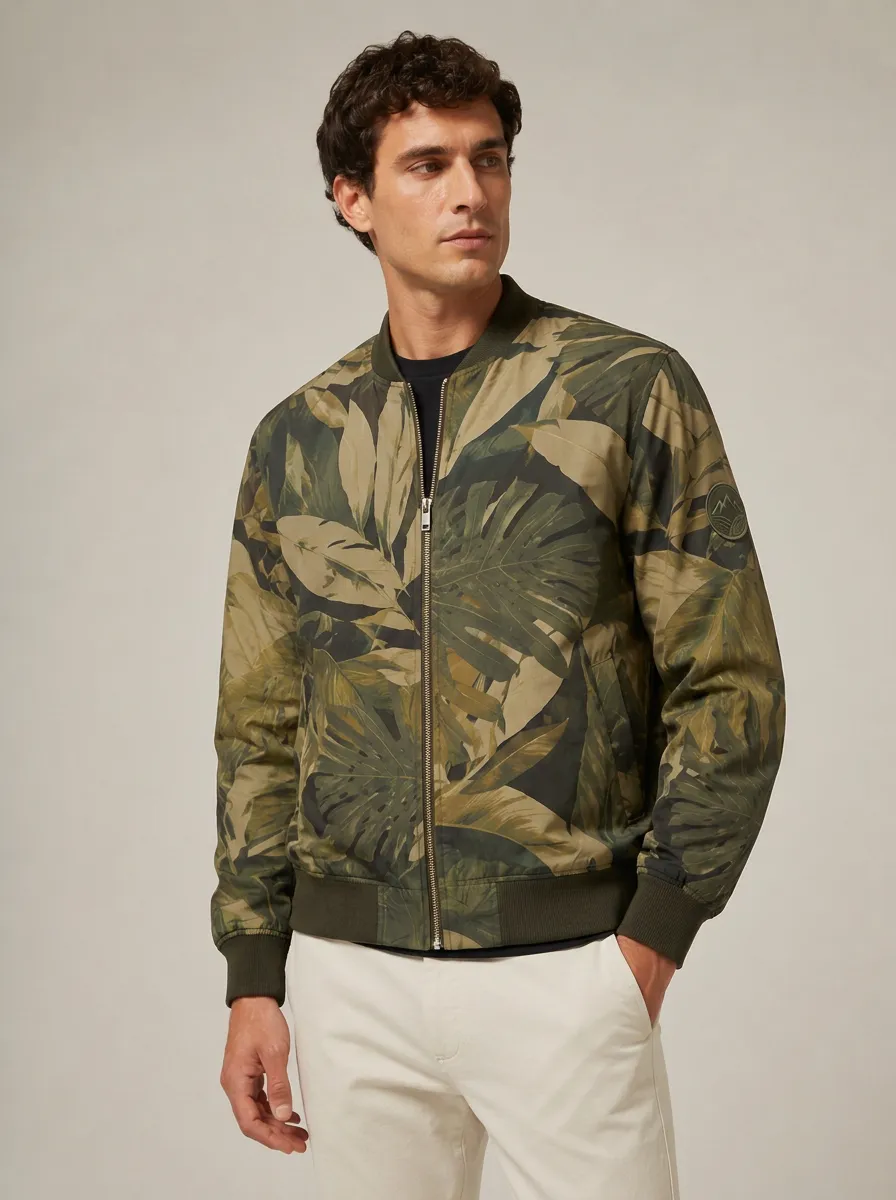 Men's Pocketless chest construction Tropical Print Bomber Jacket