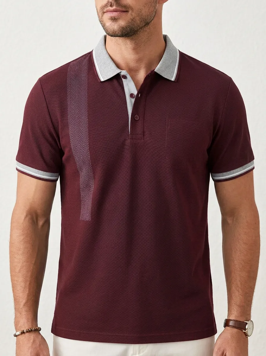 Men's Classic Comfort Herringbone Knit Printed Polo Shirt