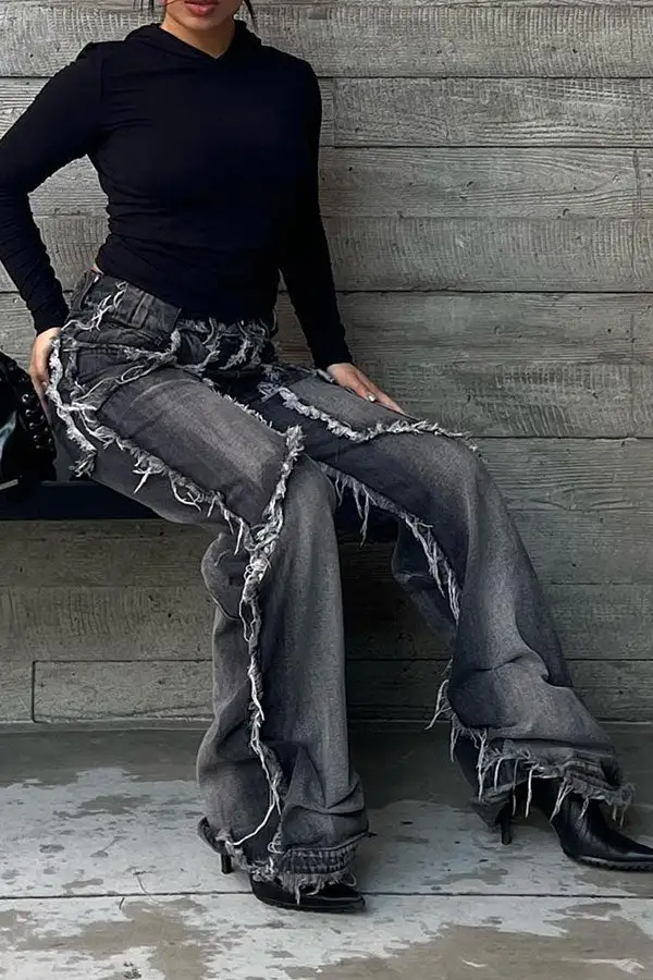 Grey High-Waist Tassel Jeans