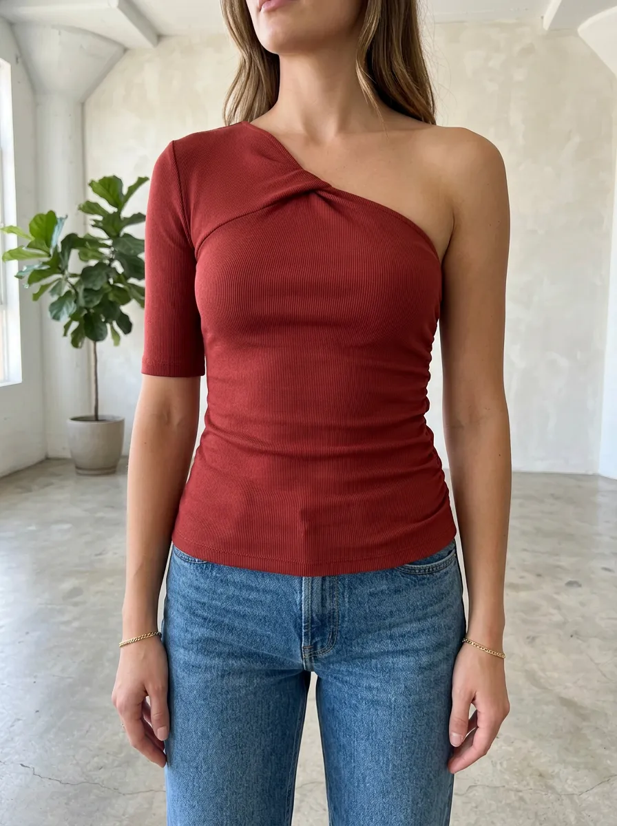Women's Rust Red Ribbed One Shoulder Twisted Short Sleeve Top