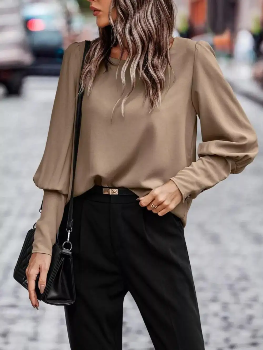 Back Button Lantern Sleeve Blouse