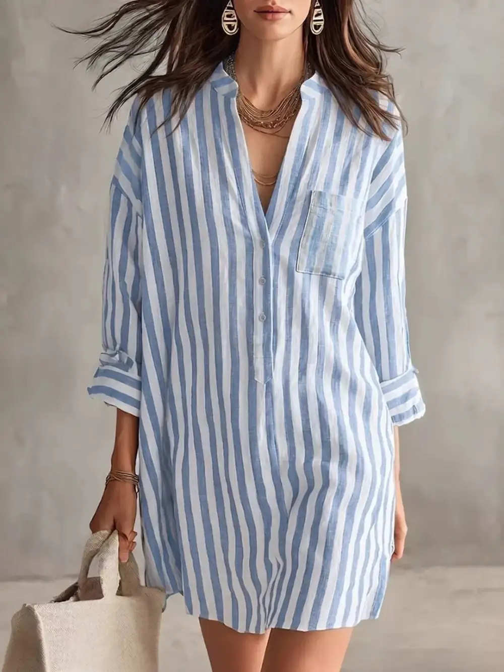 Striped Three-Quarter Sleeve Shirt Dress