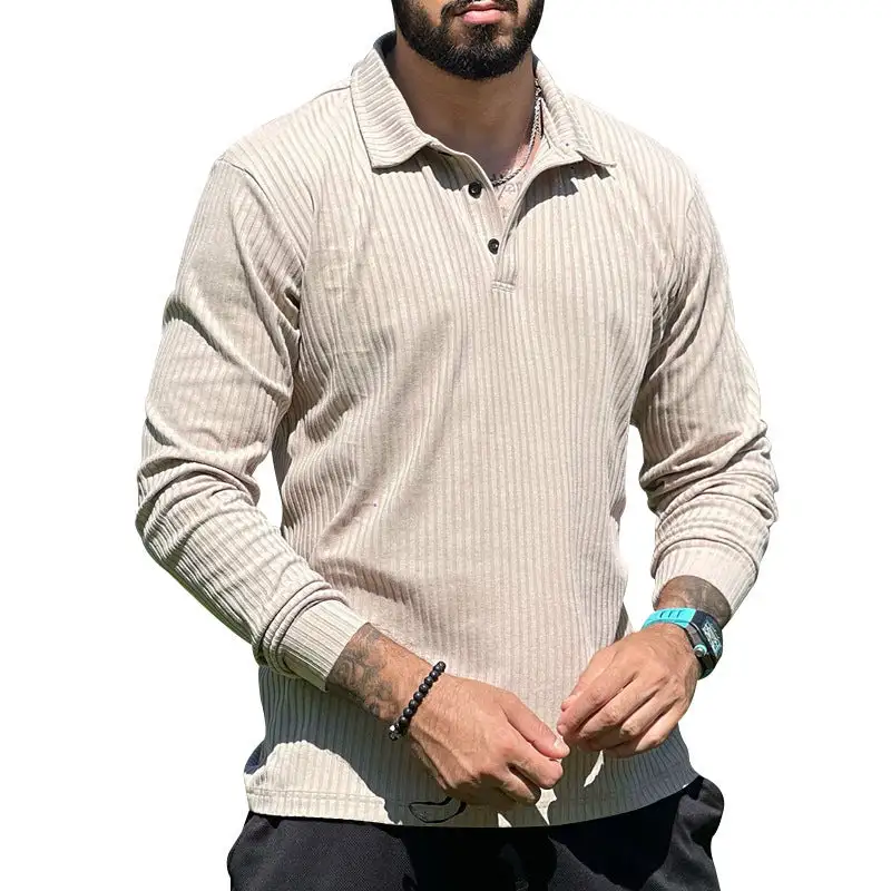 Streamlined Ribbed Button Placket Long Sleeve Fine Knit Polo Shirt