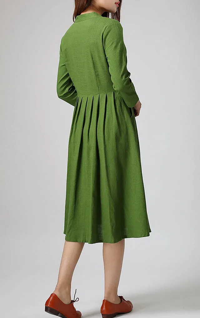 Linen Cotton Shirt Pleated V Neck Midi Dress