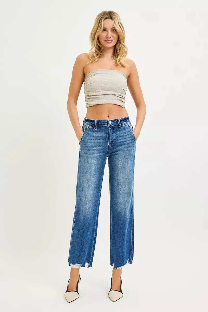 Sharp High Waist Straight Leg Distressed Denim Jeans