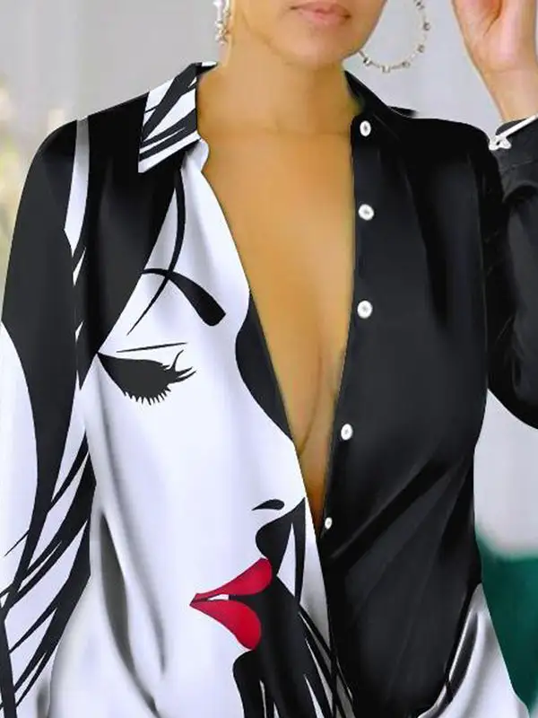 Long Sleeve Relaxed Figure Printed Lapel Mini Dress Shirt Dress