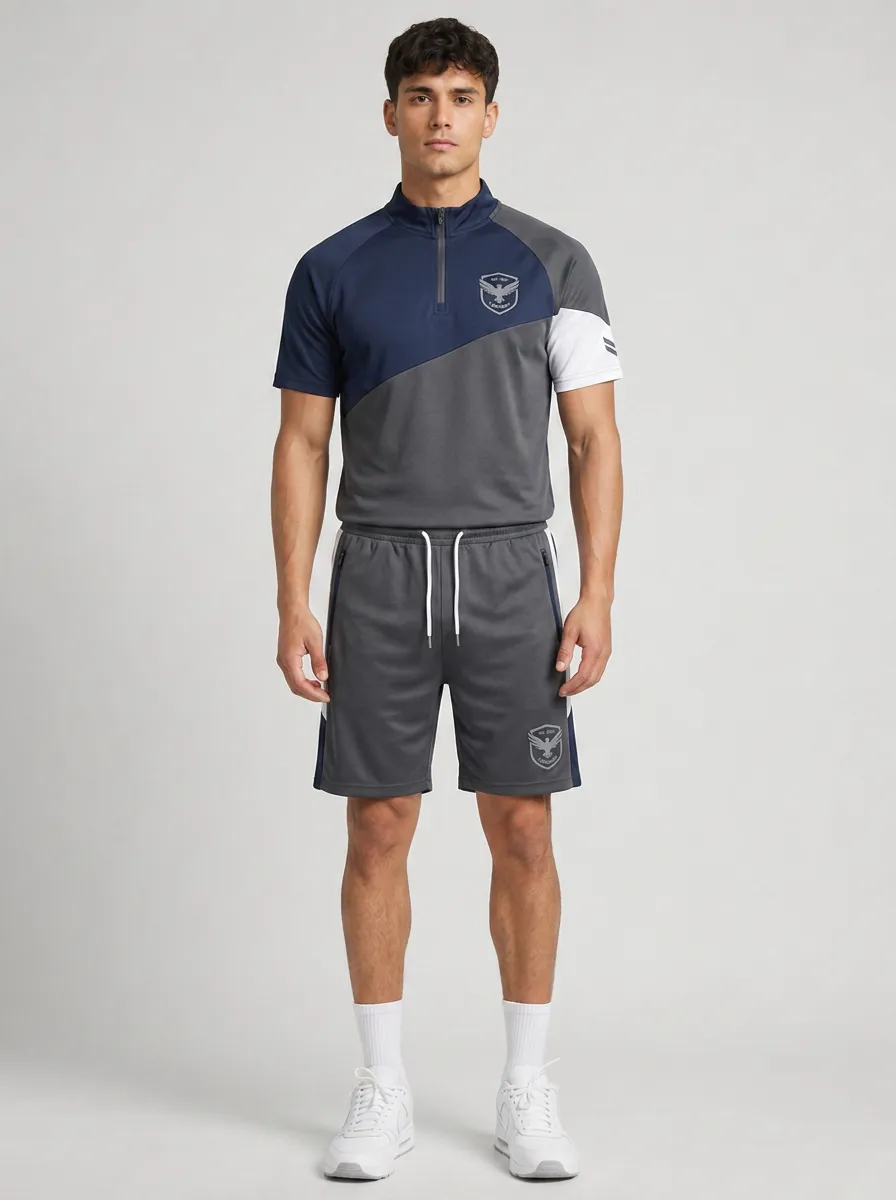 Men's Sporty Eagle Emblem Printed Quarter-Zip Polo and Shorts Set