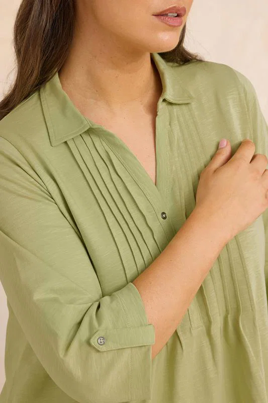Premium Sage Green Pintuck Henley Top detail 3