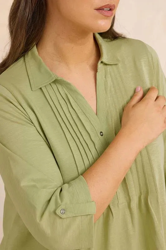 Premium Sage Green Pintuck Henley Top