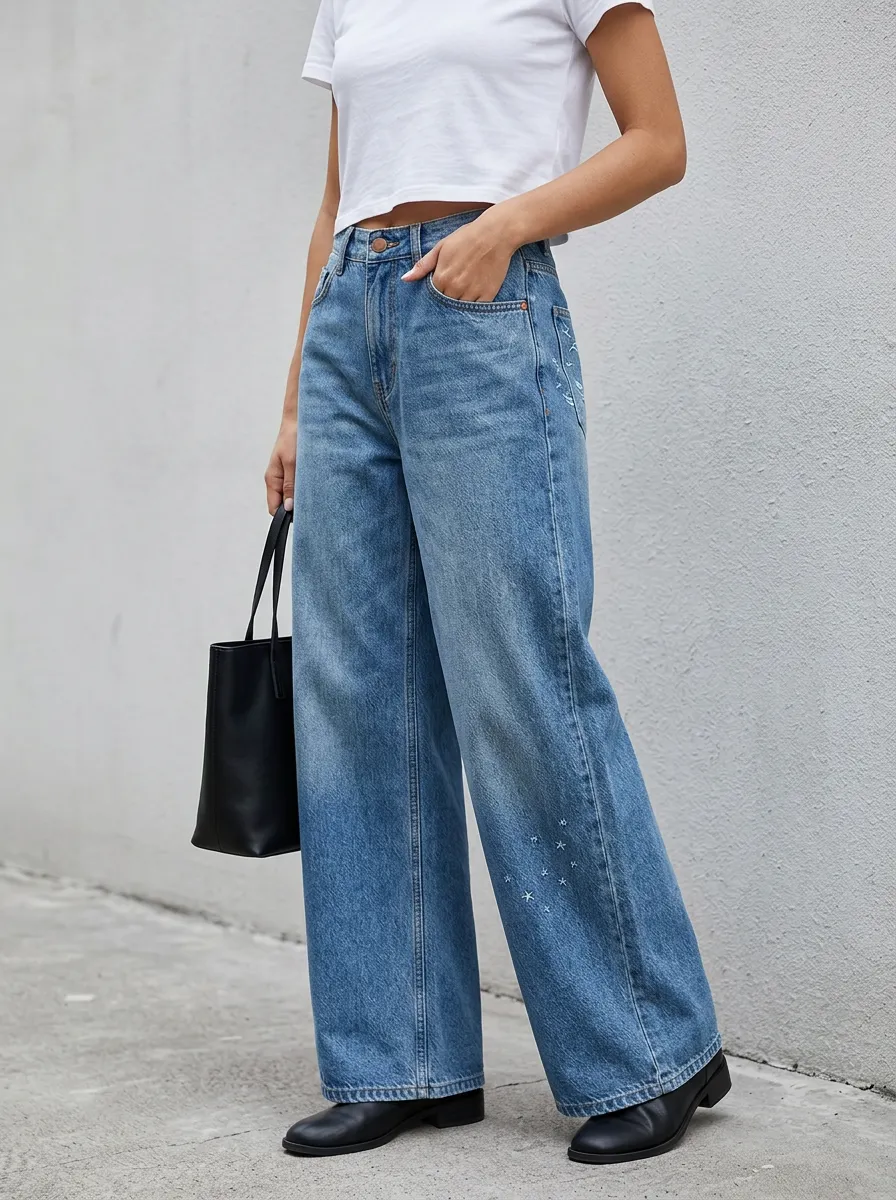 Women's Celestial Star Embroidered Wide Leg Jeans