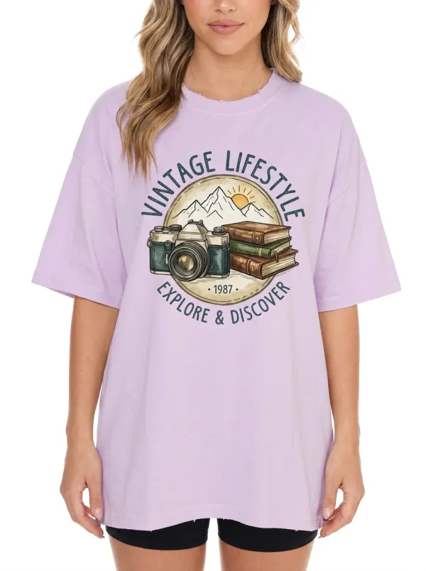 Women's Vintage Lifestyle Camera Books Mountain Graphic T-shirt Sweatshirt