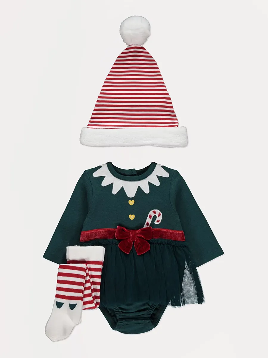 Christmas Elf 2 in 1 Sleepsuit Hat and Tights Outfit