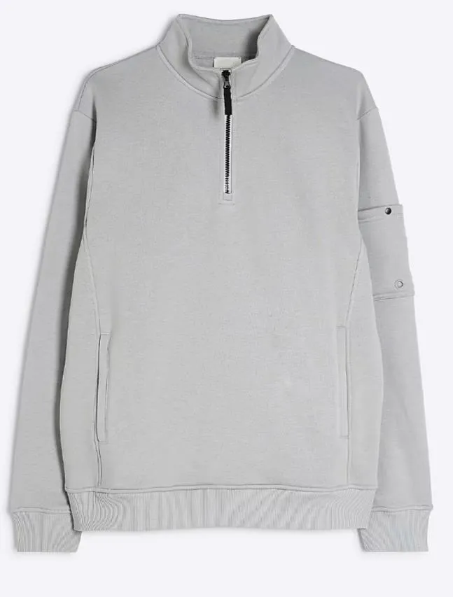 Grey Zipper Neck Slim Pocket Men's Sweatshirt