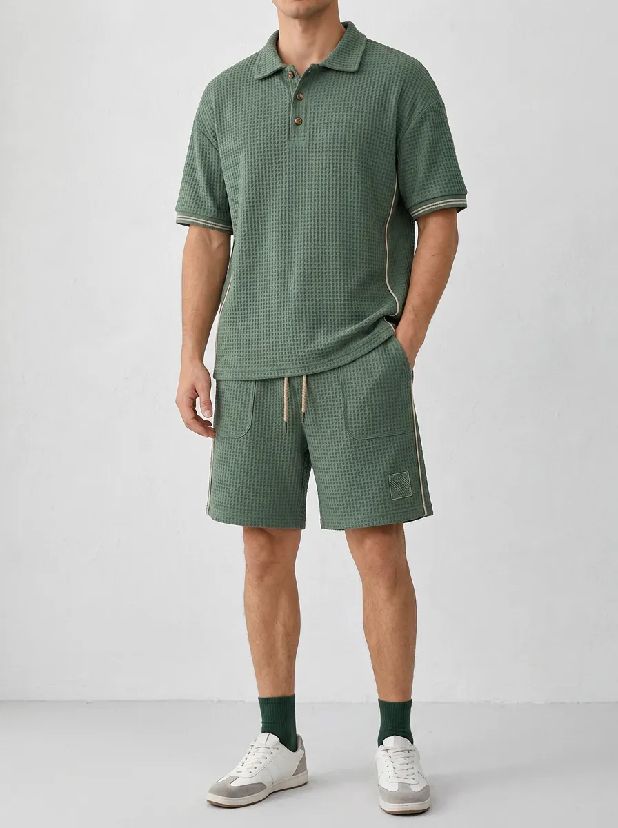 Men's Green Waffle Knit Textured Polo Shirt