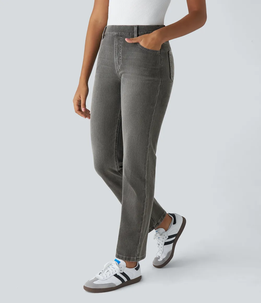 Magic High Waisted Multiple Pockets Straight Leg Washed Stretchy Knit Casual Jeans