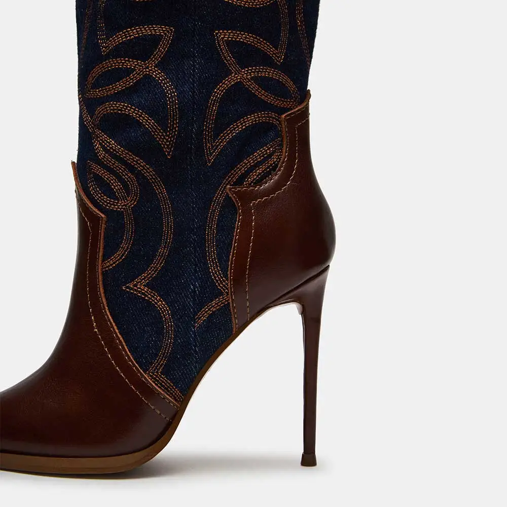 Faux-Leather Denim Embroidered Patchwork Knee-High Boots