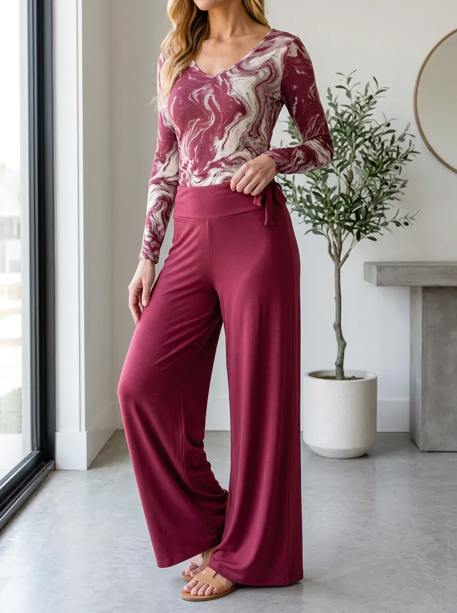 Women's Maroon Marble Print V-Neck Long Sleeve Wide Leg Pants Set
