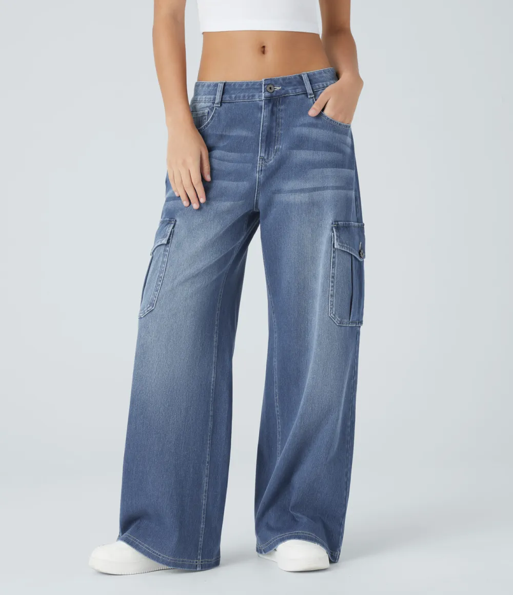 Magic Low Rise Multiple Pockets Stretchy Knit Casual Wide Leg Cargo Jeans