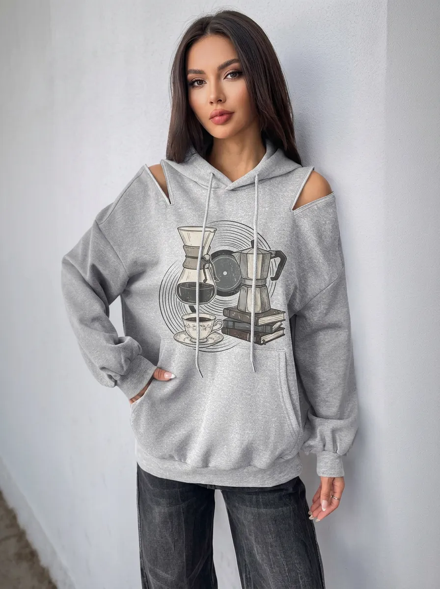 Women's Coffee Book Vinyl Graphic Cold-Shoulder Hoodie
