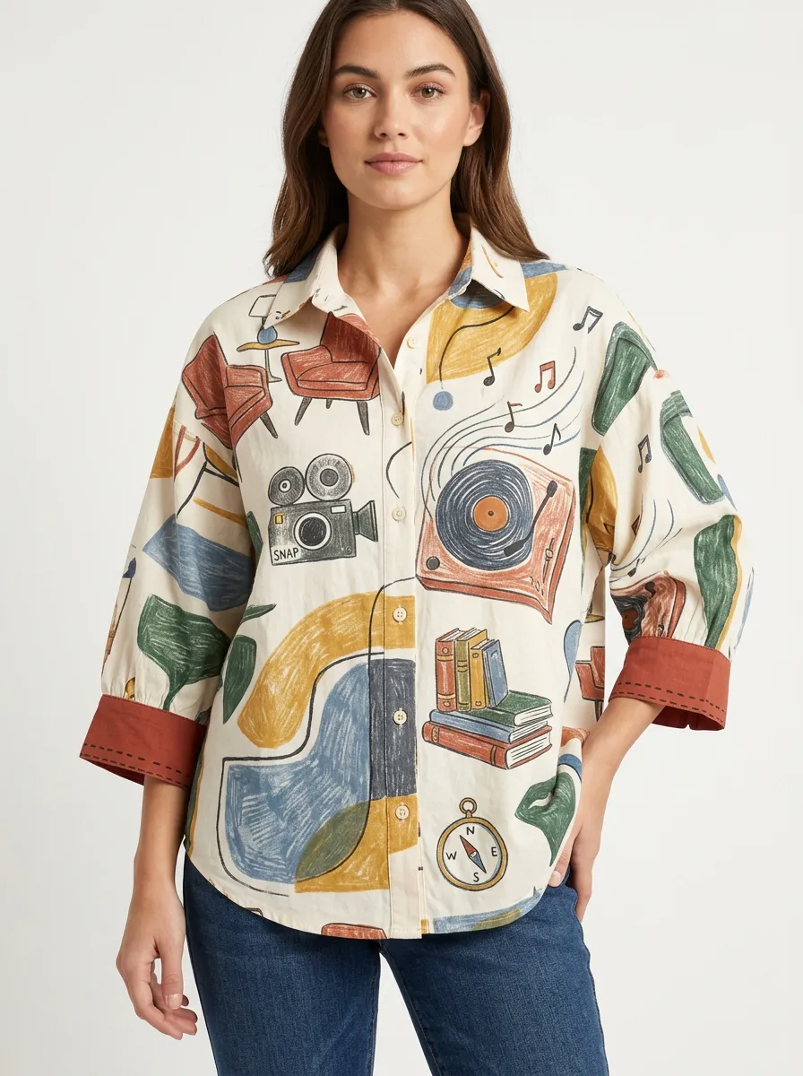 Women's Hobby Lover Retro Doodle Printed Button-up Shirt