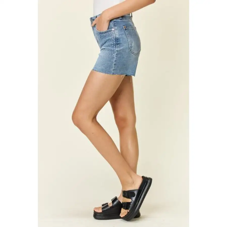 Full Size High Waist Rhinestone Decor Denim Shorts