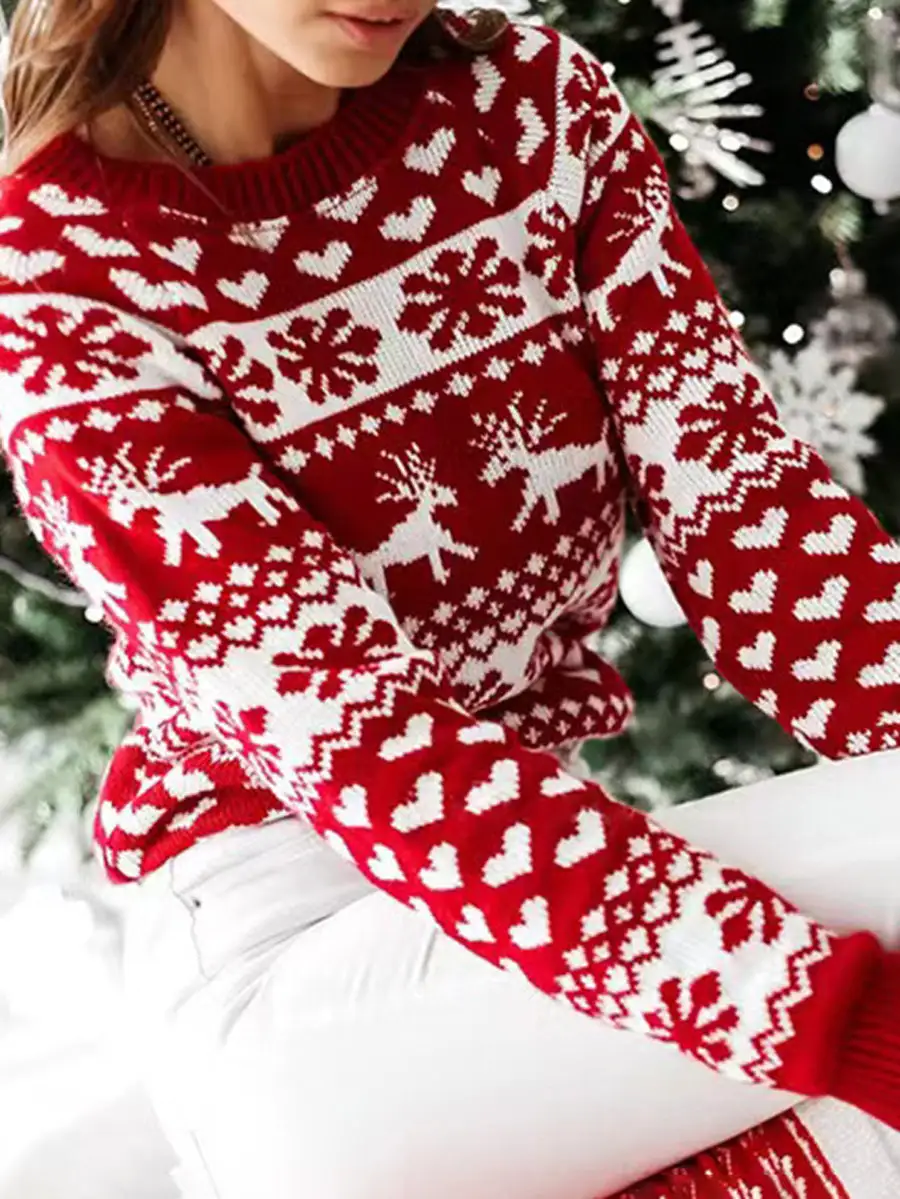 Floral Knit Floral Detail Round Neck Long Sleeve Pullover Sweater