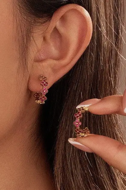 Floral Clover Rhinestone Semi Hoop