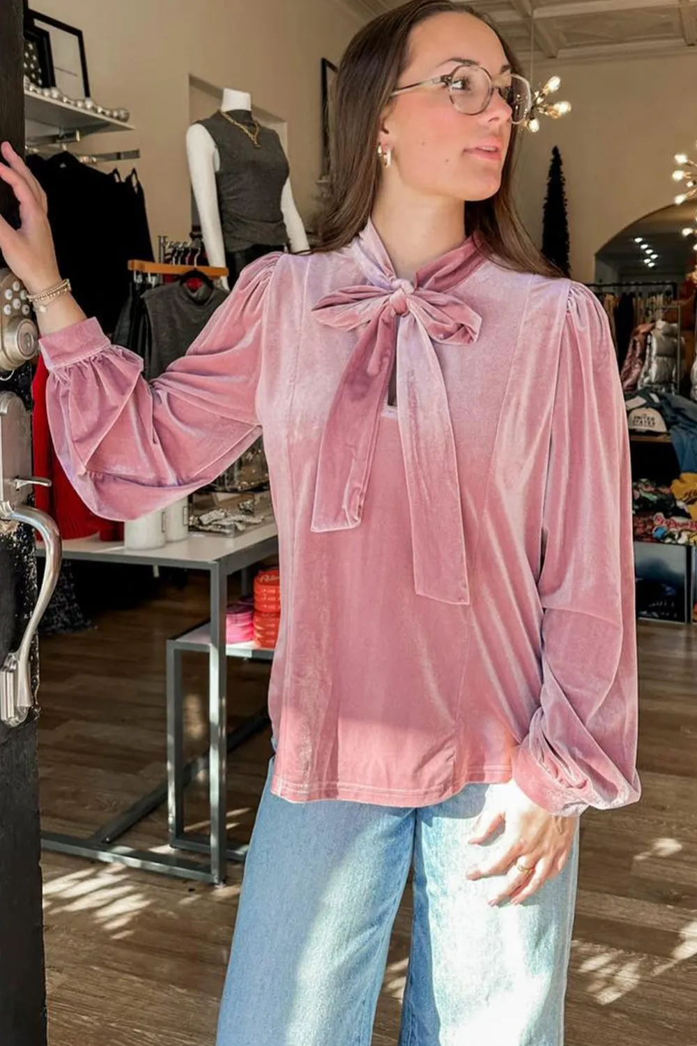 Fushia Velvet Ribbon Bow Knot Blouse