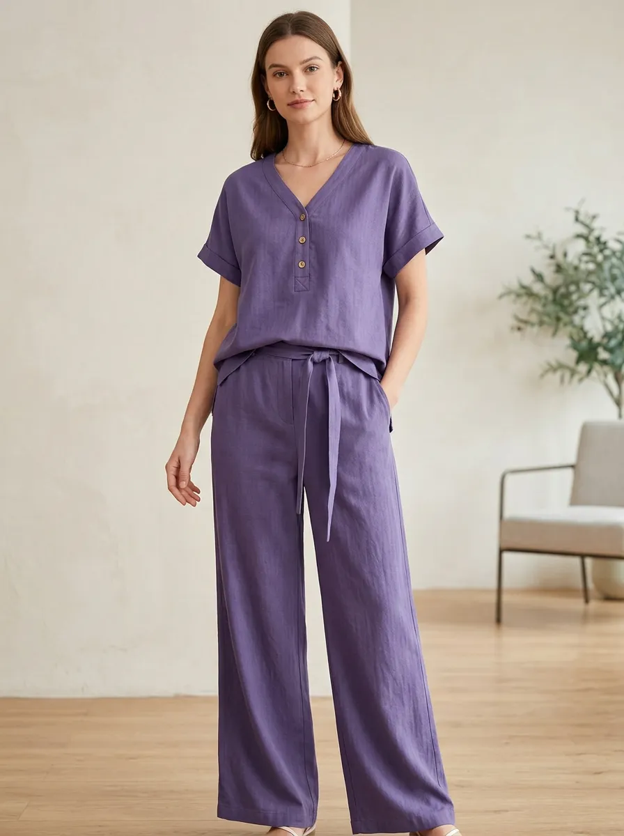 Button-Front Button-Down Linen-Blend Women's V-Neck Shirt