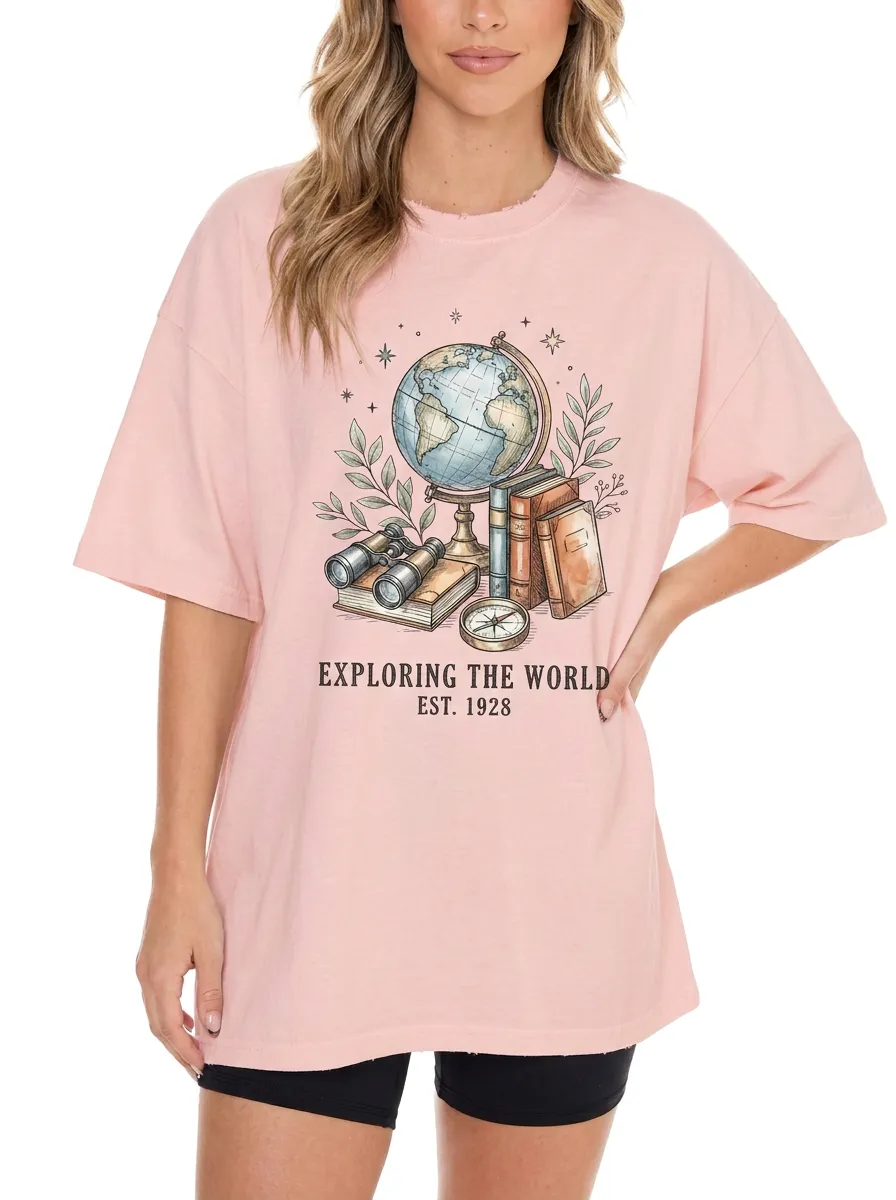 Women's Travel Globe Books Compass Graphic T-Shirt