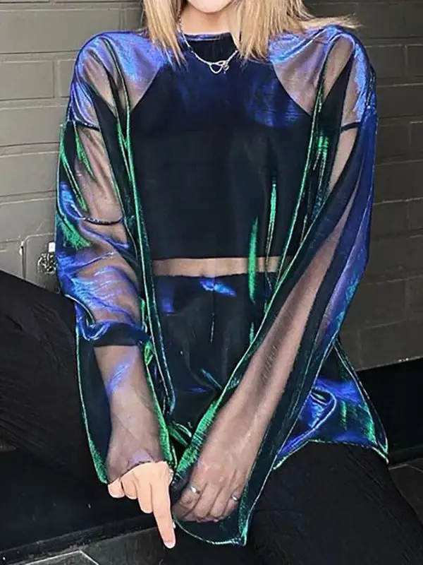 Long Sleeve Relaxed Gauze Sheer Round Neck T-Shirt