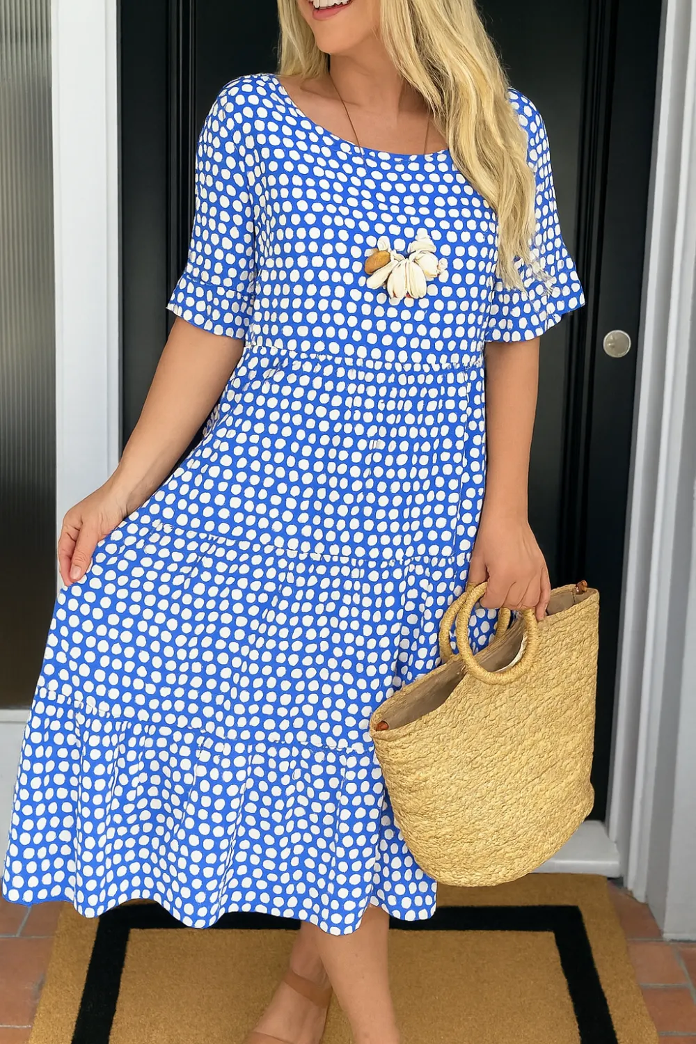  Short Sleeve Polka Dot Midi Dress