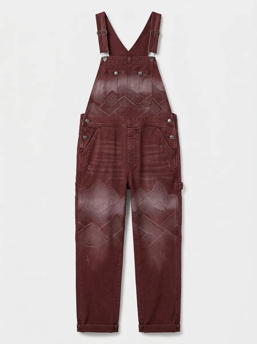 Mountain Print Denim Graphic Print Overalls
