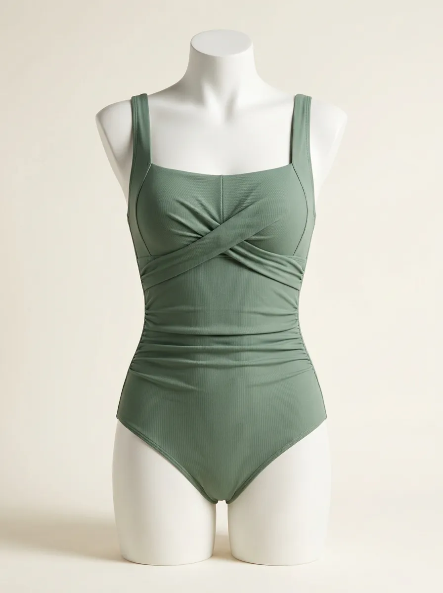 Ribbed Twist-Front Ruched One-Piece Swimsuit