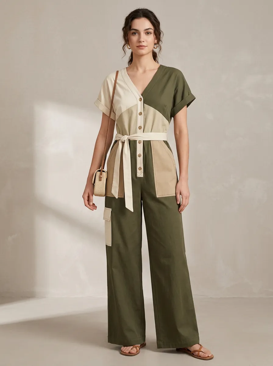 Women's Casual Olive Beige Colorblock Belted Jumpsuit