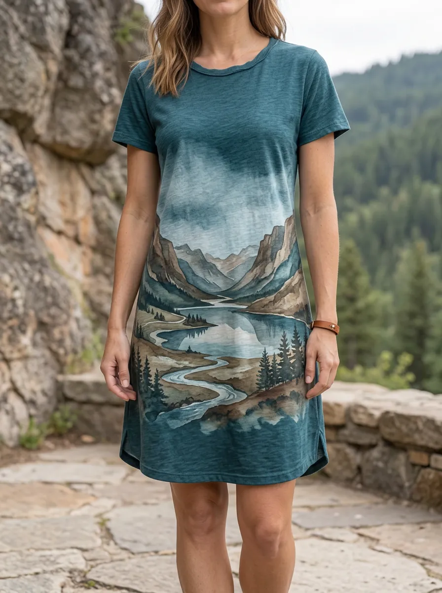 Women's Crew Neck Landscape Graphic T-Shirt Dress