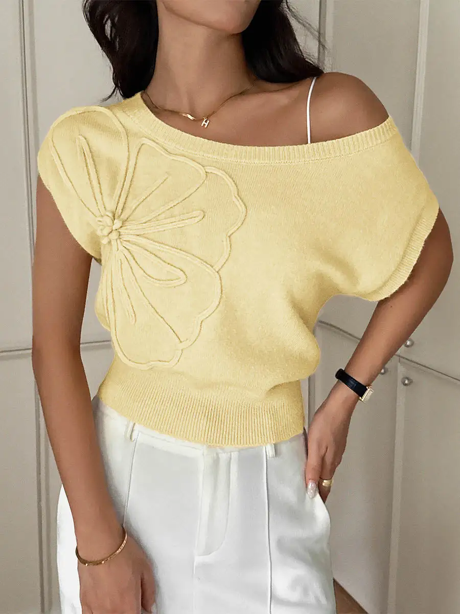 Floral Detail Paneled One Shoulder Short Sleeve Sweater